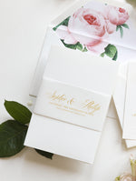 Luxury Gold Foil and Cream Romantic Roses Pocket Fold  Invitation with Parchment Belly Band + Envelopes