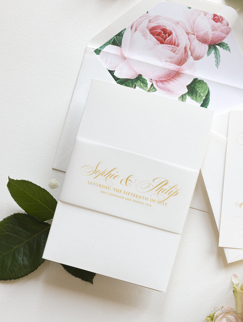 Luxury Gold Foil and Cream Romantic Roses Pocket Fold  Invitation with Parchment Belly Band + Envelopes