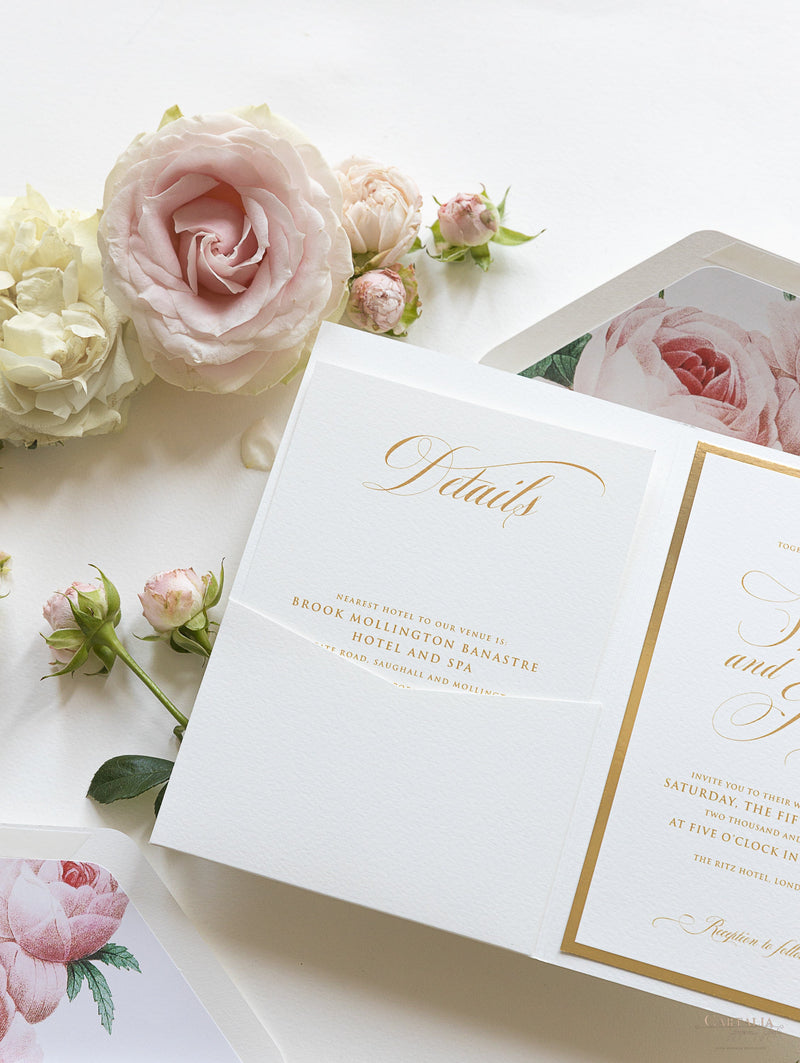 Luxury Gold Foil and Cream Romantic Roses Pocket Fold  Invitation with Parchment Belly Band + Envelopes