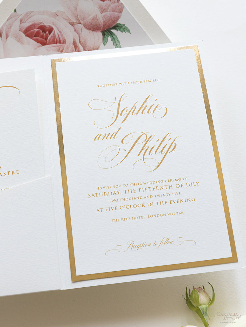 Luxury Gold Foil and Cream Romantic Roses Pocket Fold  Invitation with Parchment Belly Band + Envelopes