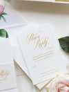 Luxury Gold Foil and Cream Romantic Roses Pocket Fold  Invitation with Parchment Belly Band + Envelopes