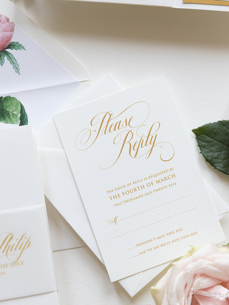 Luxury Gold Foil and Cream Romantic Roses Pocket Fold  Invitation with Parchment Belly Band + Envelopes