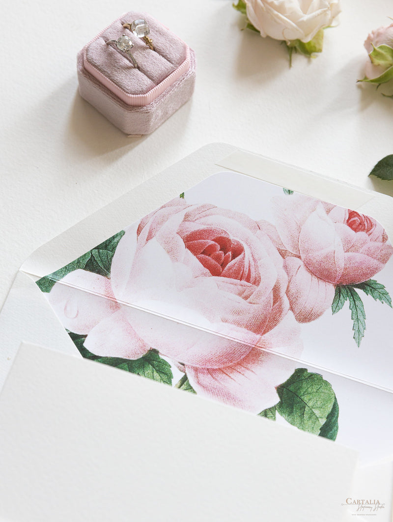 Luxury Gold Foil and Cream Romantic Roses Pocket Fold  Invitation with Parchment Belly Band + Envelopes