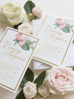 Invitación Noche de lujo con espejo dorado y rosas románticas color crema