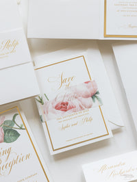 Luxury Gold Foil and Cream Romantic Roses  SAVE THE DATE with Parchment Belly Band