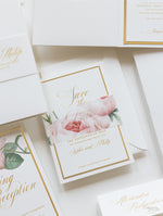 Luxury Gold Foil and Cream Romantic Roses  SAVE THE DATE with Parchment Belly Band