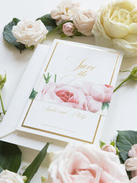 Rosas románticas color crema y lámina dorada de lujo GUARDE LA FECHA con banda para el vientre de pergamino
