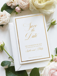 Luxury Gold Foil and Cream Romantic Roses  SAVE THE DATE with Parchment Belly Band