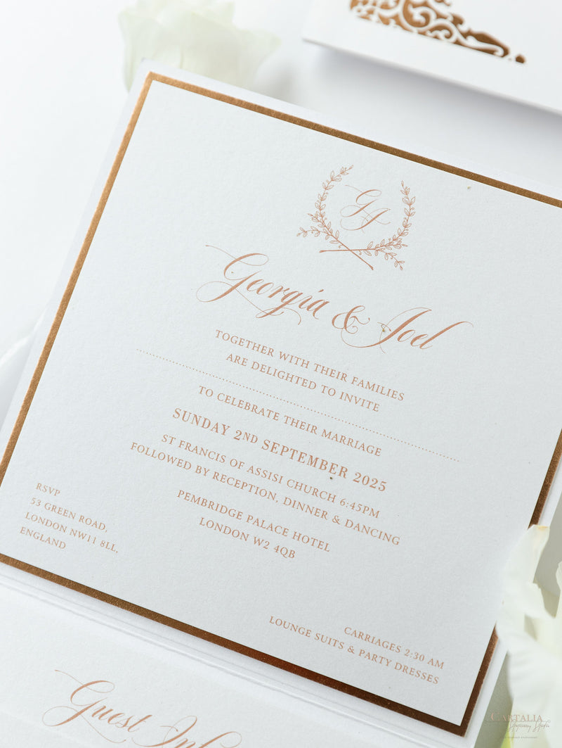 Rose Gold Foil Laser Cut Monogram Wedding Invitation Square Pocket