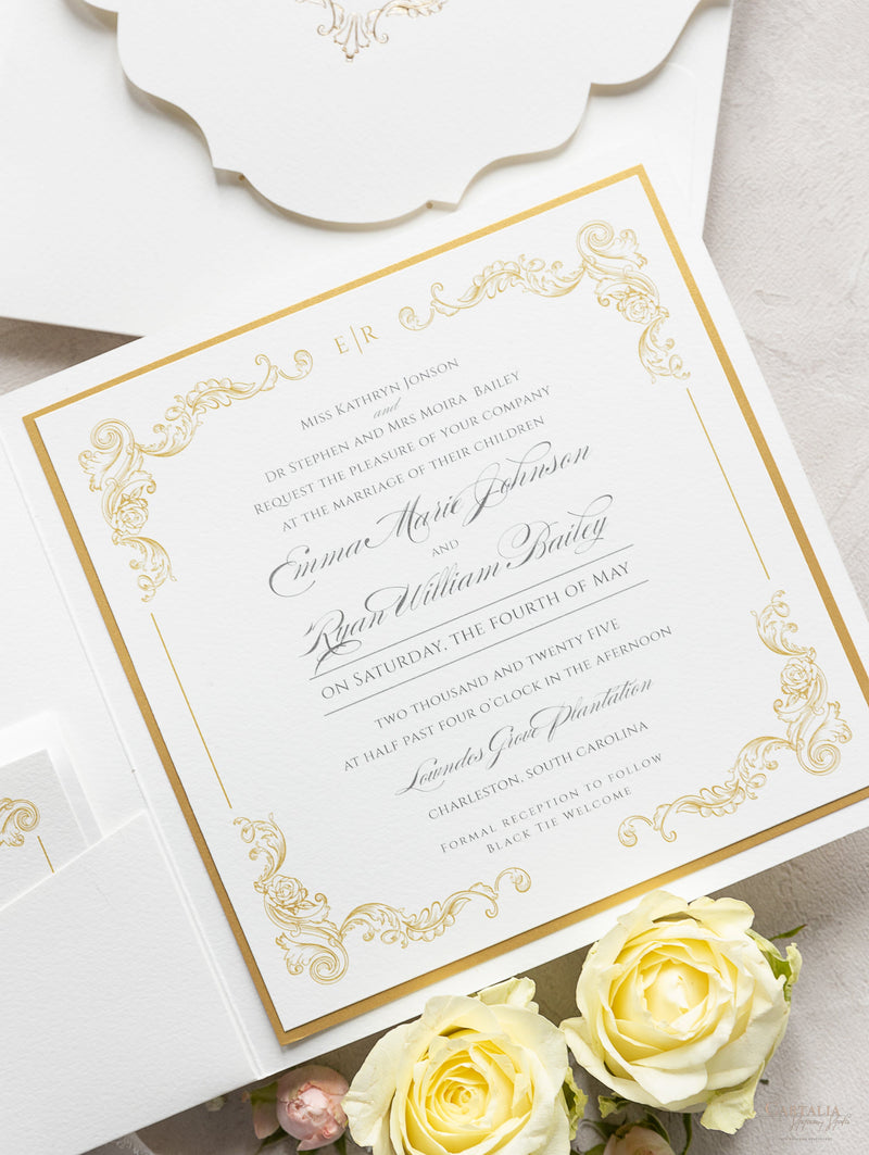 Regal Gold, Square Ivory Pocket, Gold Foil and Cream Wedding Set with –  Cartalia