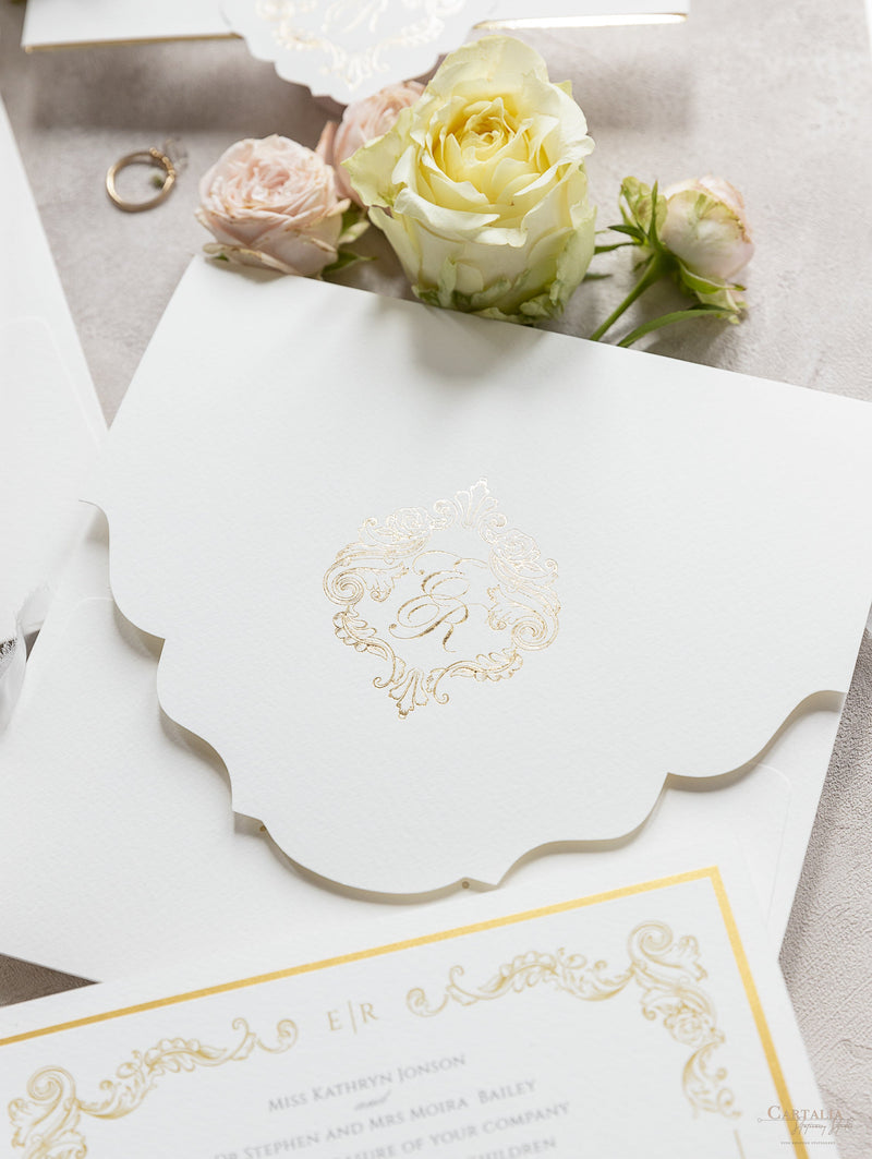Juego de boda Regal Gold, bolsillo cuadrado color marfil, lámina dorada y color crema con lámina dorada