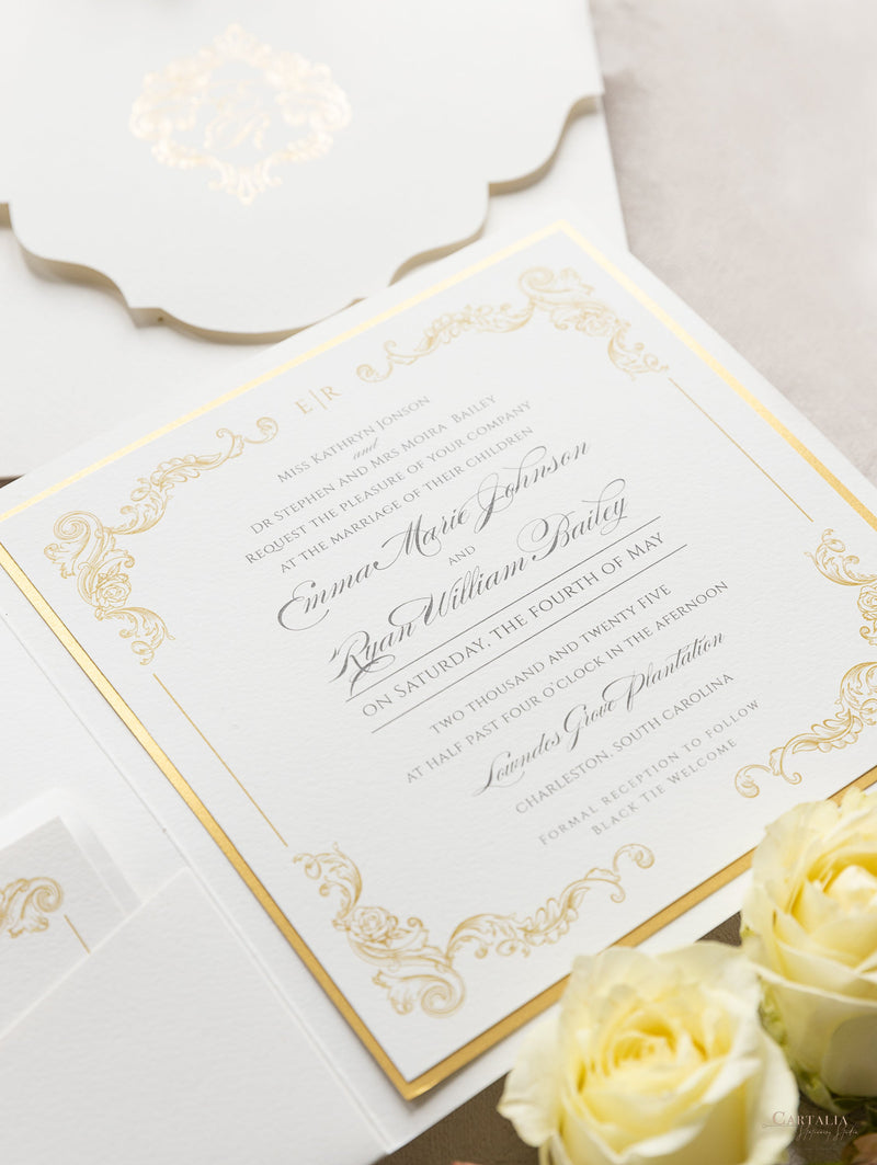 Regal Gold, Square Ivory Pocket, Gold Foil and Cream Wedding Set with –  Cartalia
