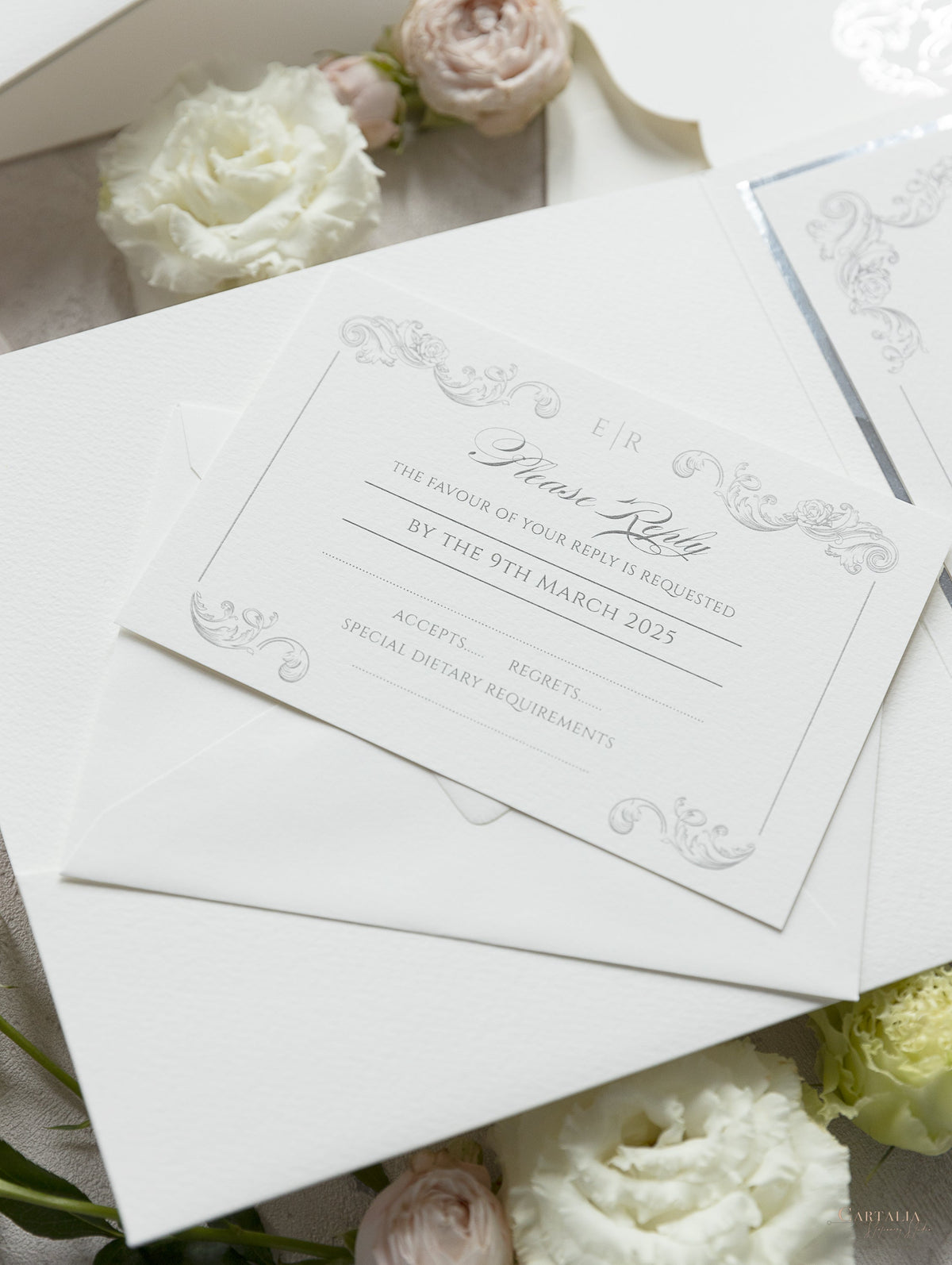 Regal Foil Square Folder with Deckled Edge Envelope Ivory Pocket with Foil Monogram Wedding Suite