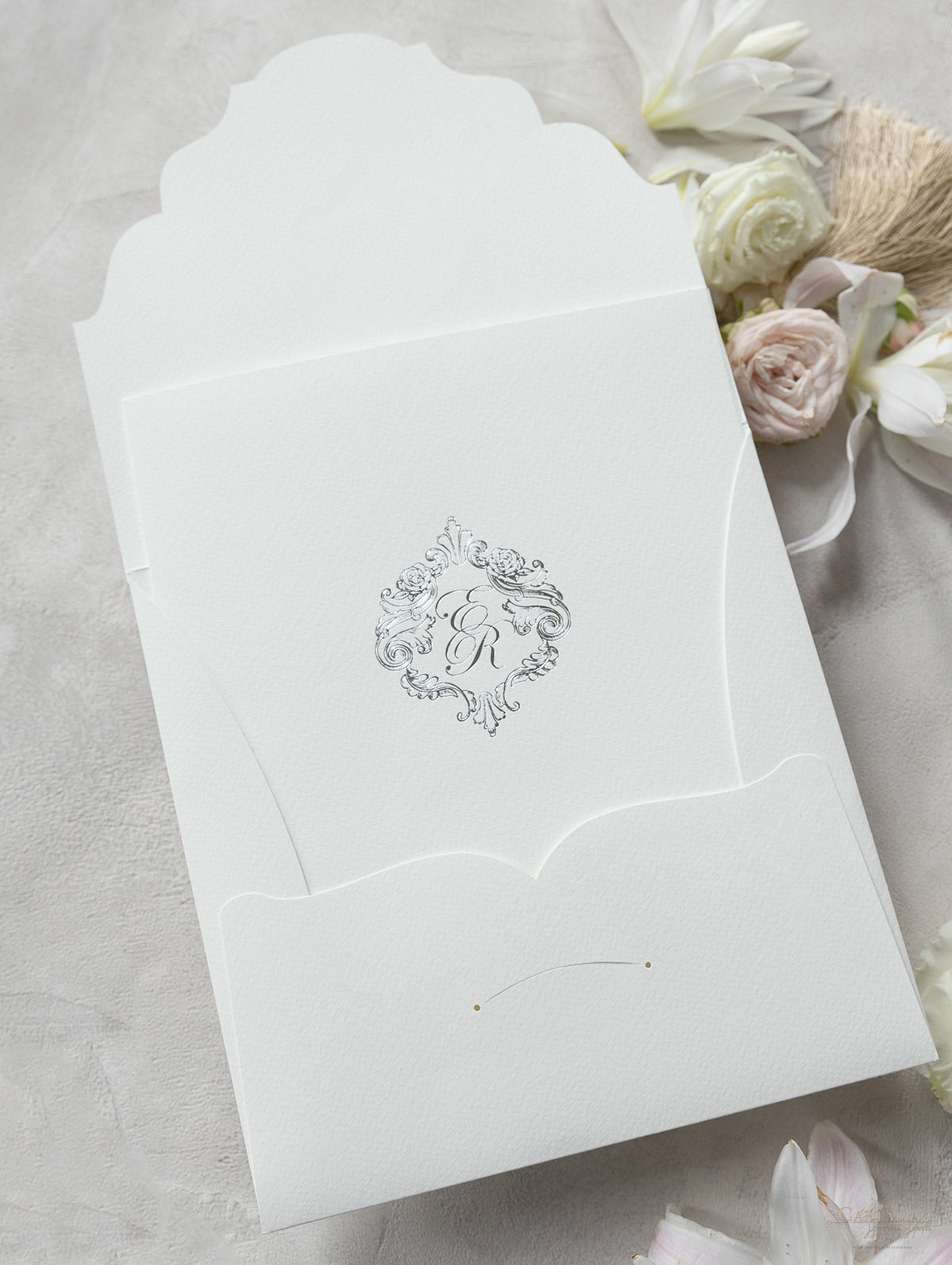 Regal Foil Square Folder with Deckled Edge Envelope Ivory Pocket with Foil Monogram Wedding Suite