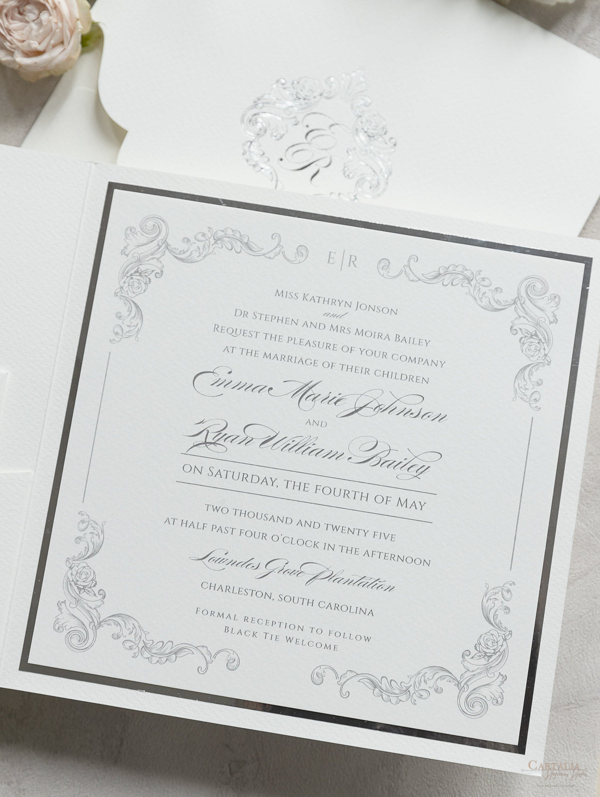 Regal Foil Square Folder with Deckled Edge Envelope Ivory Pocket with Foil Monogram Wedding Suite