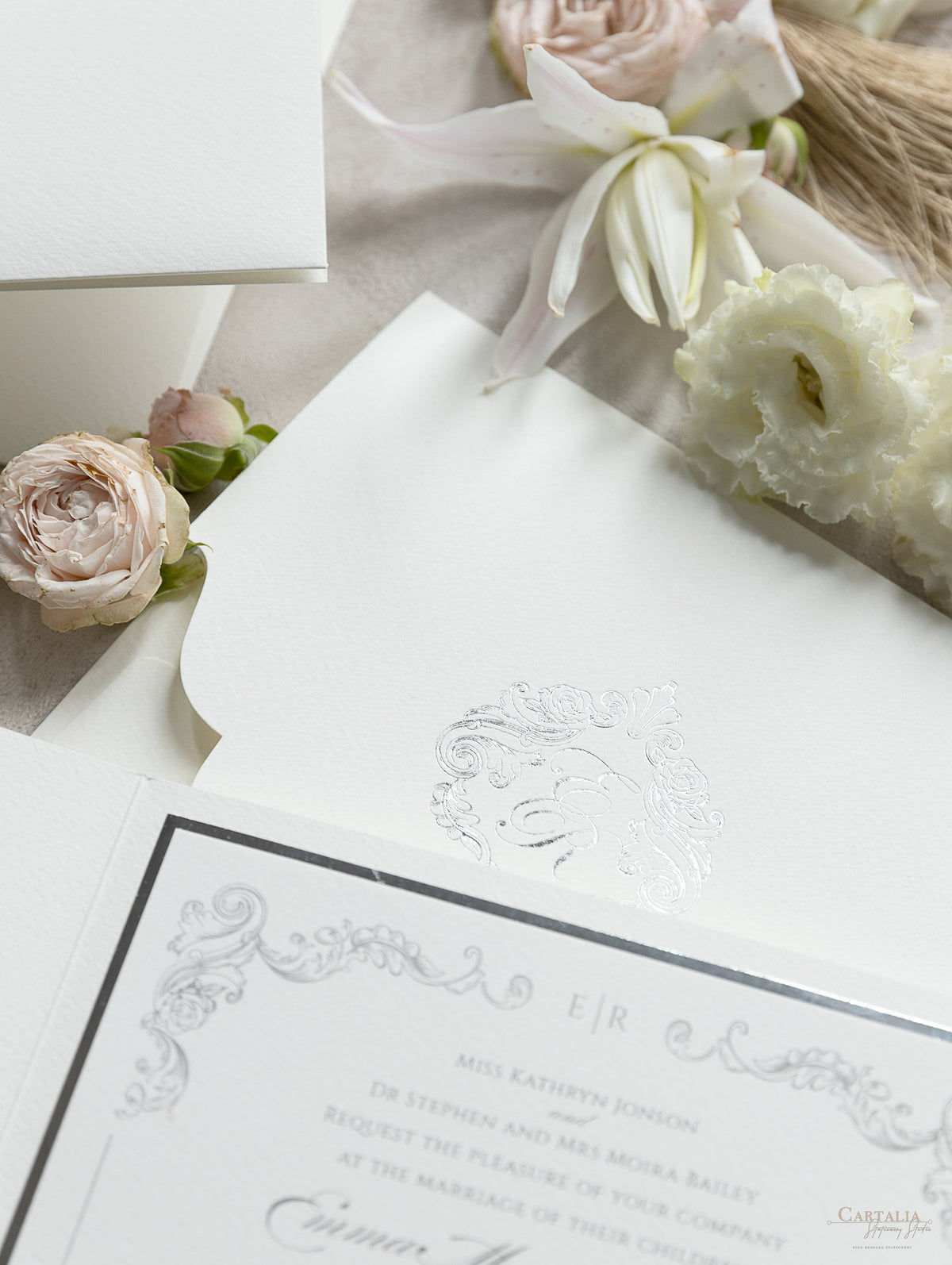 Regal Foil Square Folder with Deckled Edge Envelope Ivory Pocket with Foil Monogram Wedding Suite