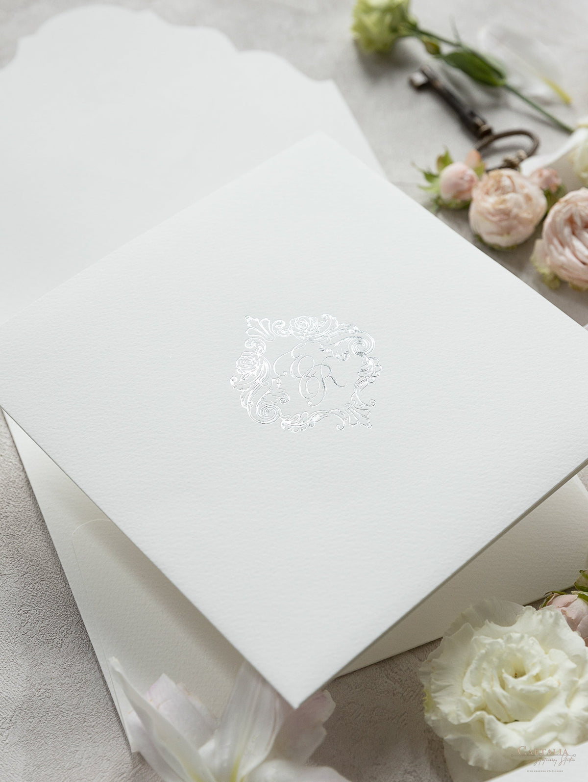 Regal Foil Square Folder with Deckled Edge Envelope Ivory Pocket with Foil Monogram Wedding Suite