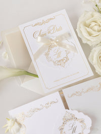 Luxury Gold Foil Card and Tag with Monogram and Satin Ribbon Save the Date