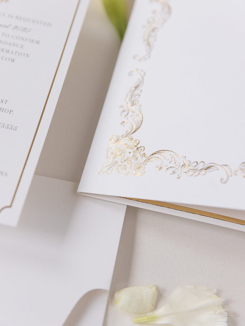 Suite plegable de bolsillo de invitación de lámina dorada de lujo para el día de la boda, confirmación de asistencia, tarjeta de información con bolsillo cortado con láser, guión de caligrafía