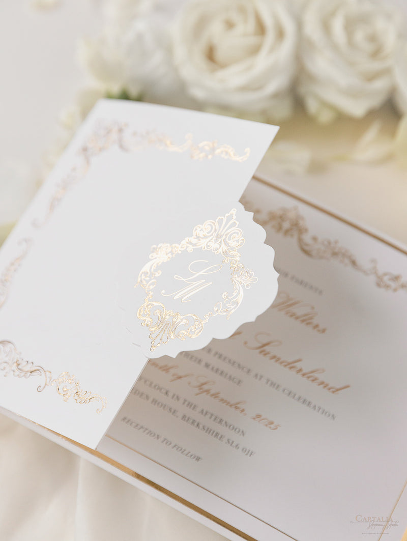 Romantic and luxury gold foil acrylic wedding invitations with leafy  pattern WS249