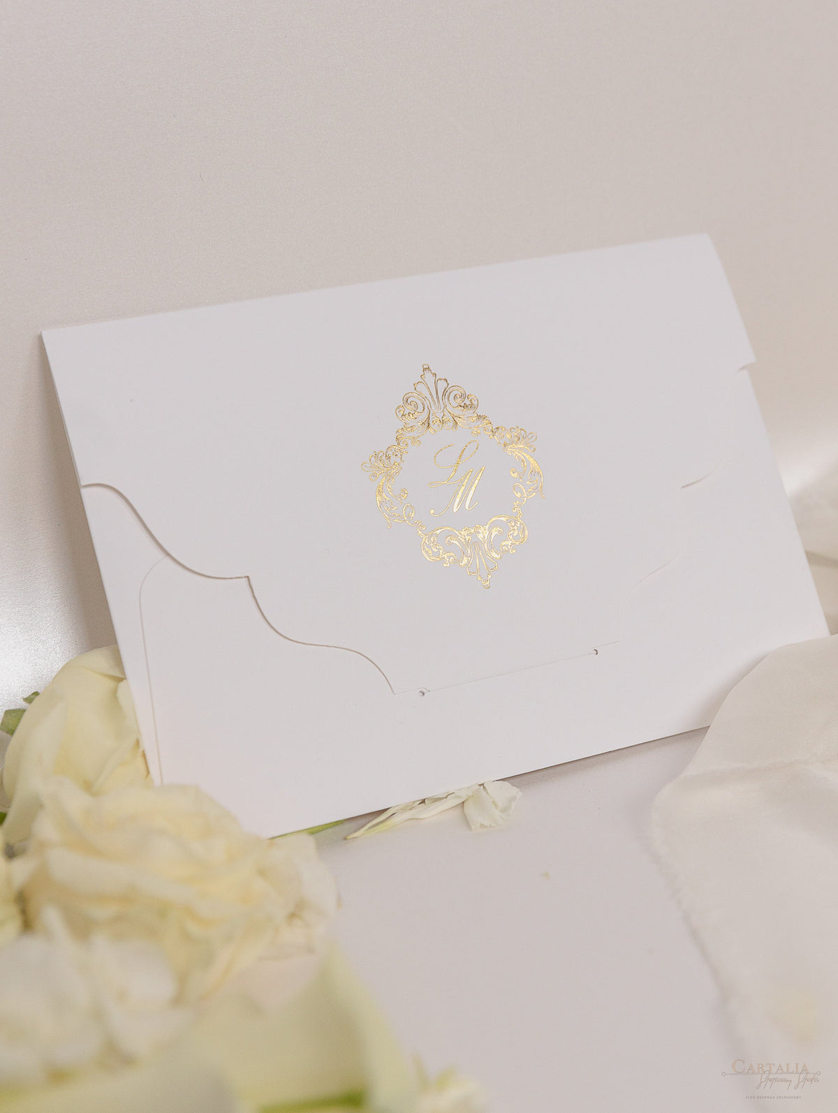 Luxury Gold Foil pocket fold suite Matching Evening Invitation with Gold Foil Monogram + Die Cut Custom Envelope