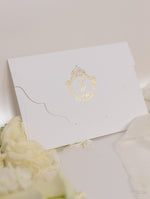 Luxury Gold Foil pocket fold suite Matching Evening Invitation with Gold Foil Monogram + Die Cut Custom Envelope