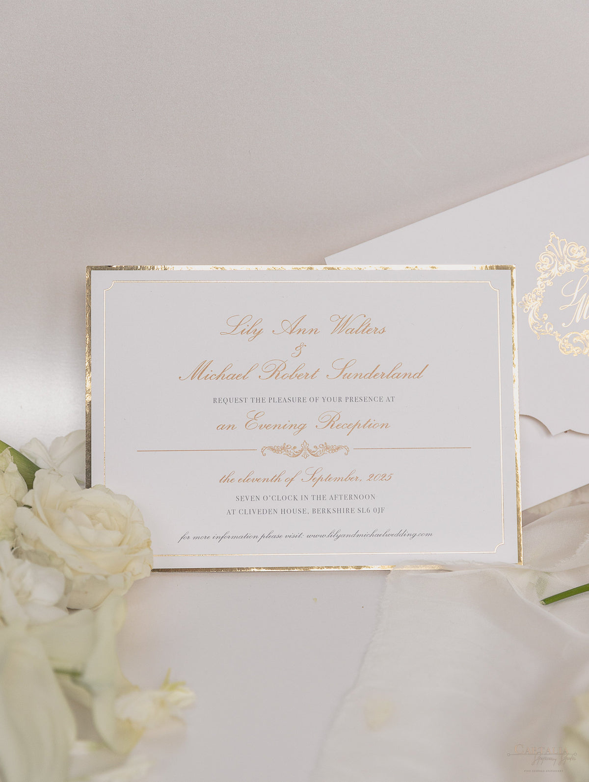 Luxury Gold Foil pocket fold suite Matching Evening Invitation with Gold Foil Monogram + Die Cut Custom Envelope