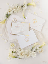 Luxury Gold Foil pocket fold suite Matching Evening Invitation with Gold Foil Monogram + Die Cut Custom Envelope