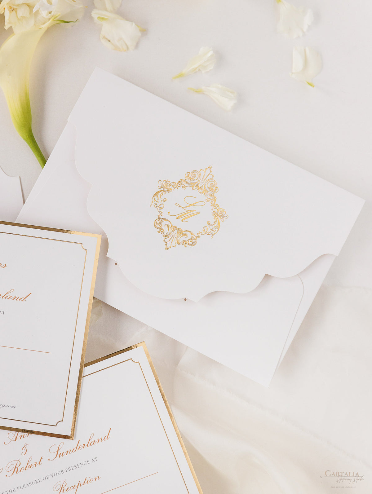 Luxury Gold Foil pocket fold suite Matching Evening Invitation with Gold Foil Monogram + Die Cut Custom Envelope