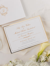 Luxury Gold Foil pocket fold suite Matching Evening Invitation with Gold Foil Monogram + Die Cut Custom Envelope