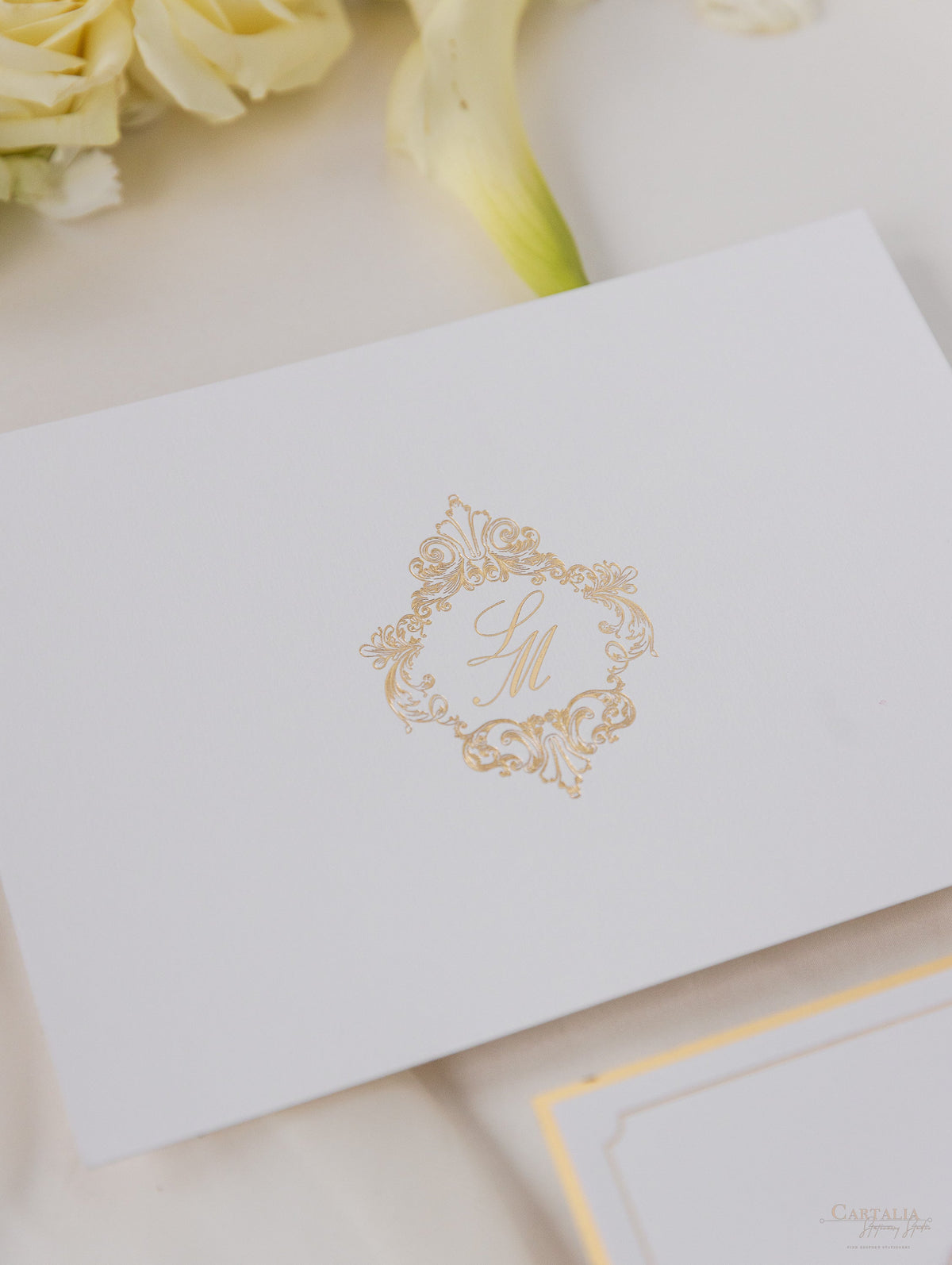 Luxury Gold Foil pocket fold suite Matching Evening Invitation with Gold Foil Monogram + Die Cut Custom Envelope