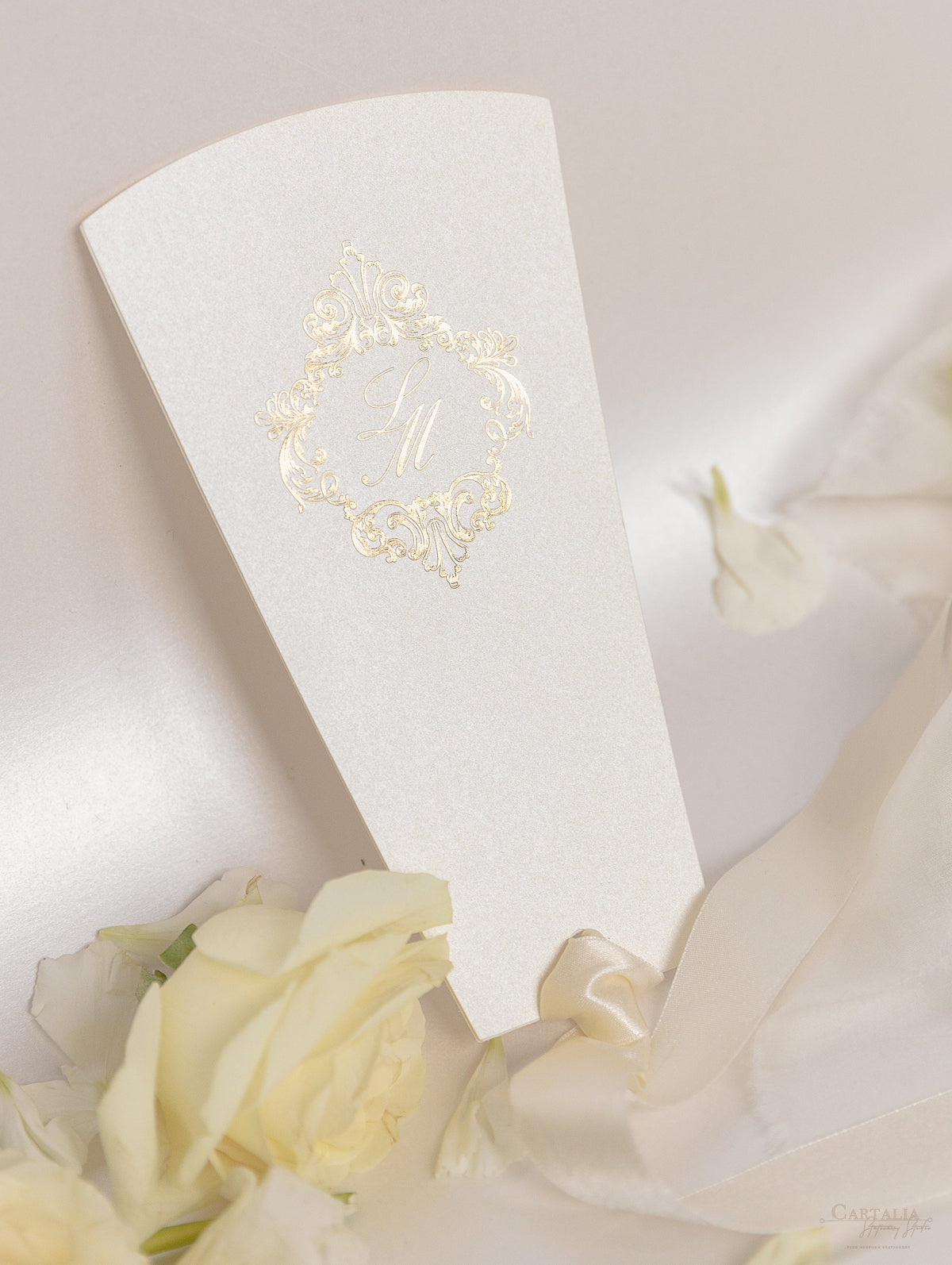 Wedding Petal Program Fan, Unique Order of Day, Order of Service, Unique Luxury Foil Monogram