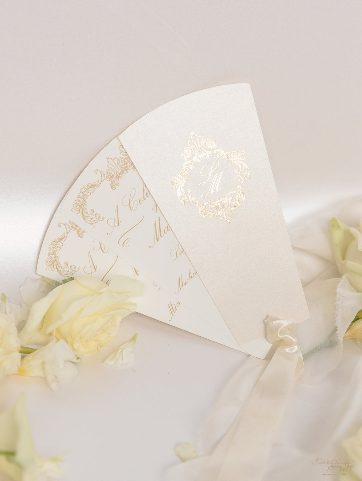 Wedding Petal Program Fan, Unique Order of Day, Order of Service, Unique Luxury Foil Monogram