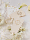 Abanico del programa de pétalos de boda, orden de día única, orden de servicio, monograma de lámina de lujo único