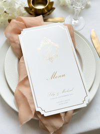 Luxury Plate Menu with Deckled Edge & Gold Foil Monogram