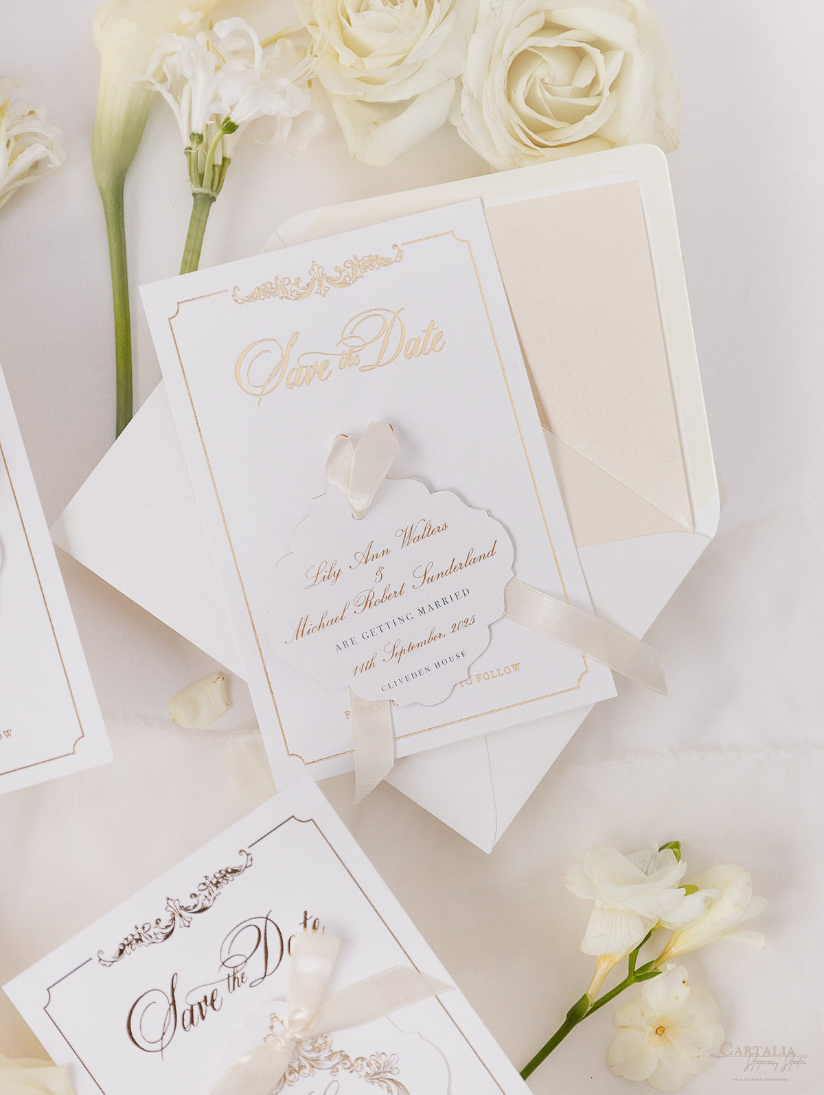 Luxury Gold Foil Card and Tag with Monogram and Satin Ribbon Save the Date