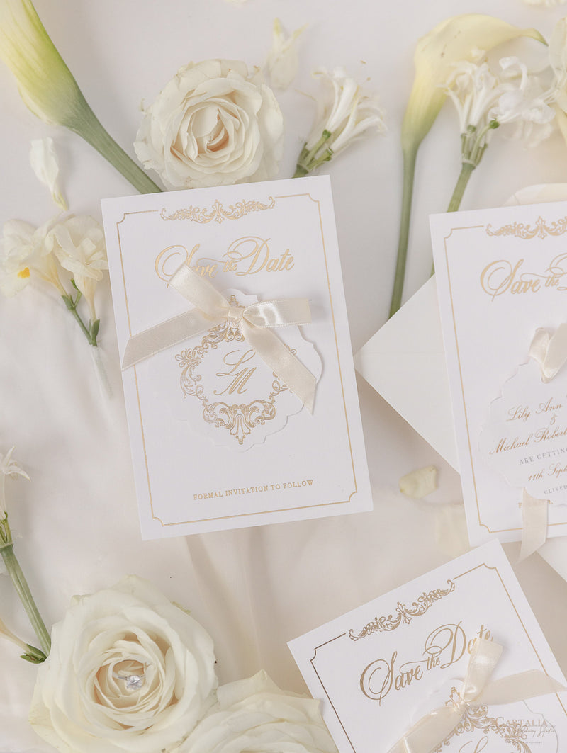 Luxury Gold Foil Card and Tag with Monogram and Satin Ribbon Save the Date
