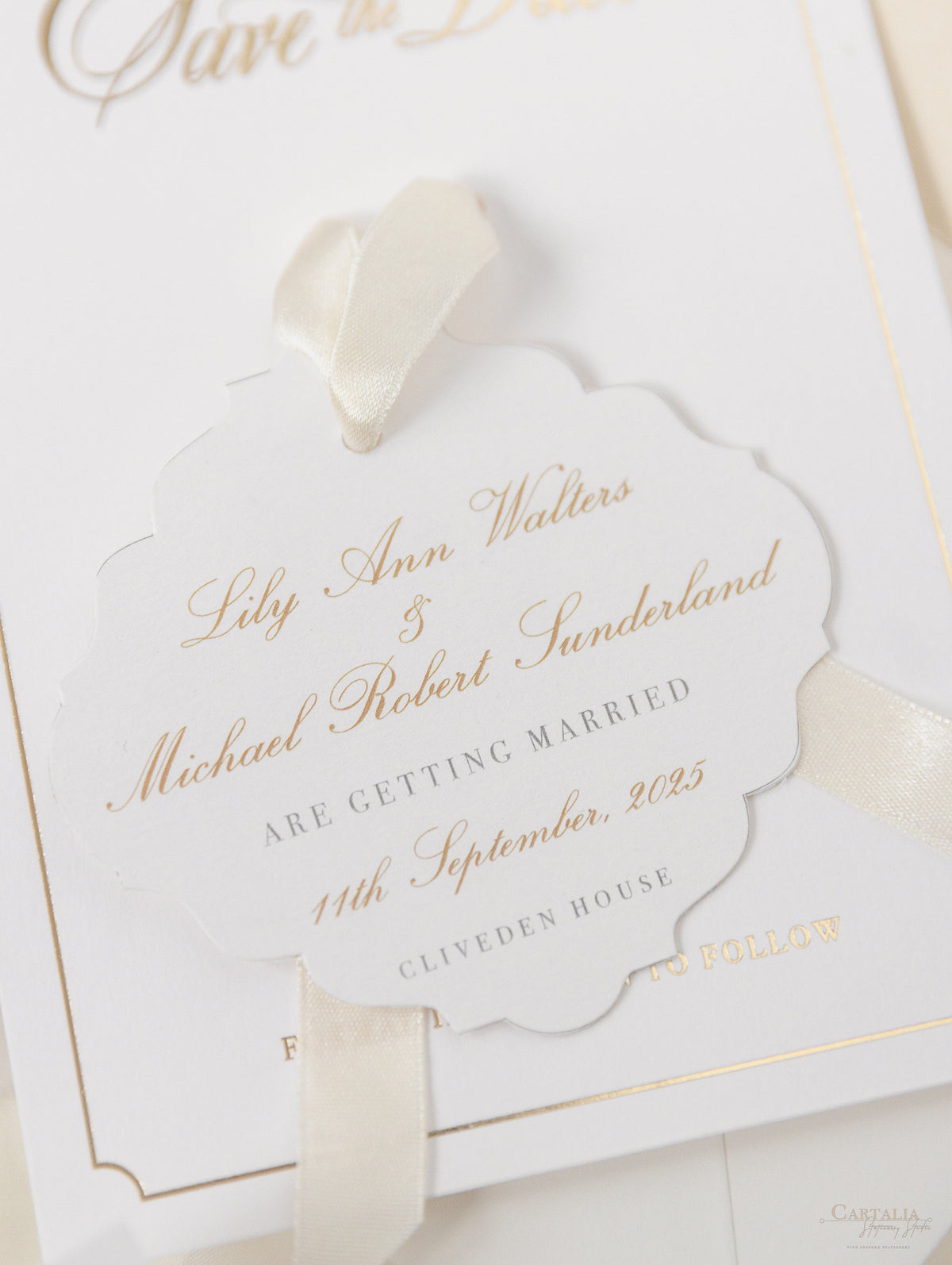 Luxury Gold Foil Card and Tag with Monogram and Satin Ribbon Save the Date