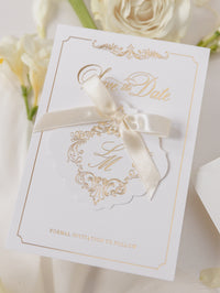 Luxury Gold Foil Card and Tag with Monogram and Satin Ribbon Save the Date