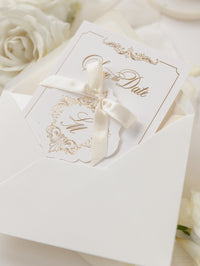 Luxury Gold Foil Card and Tag with Monogram and Satin Ribbon Save the Date