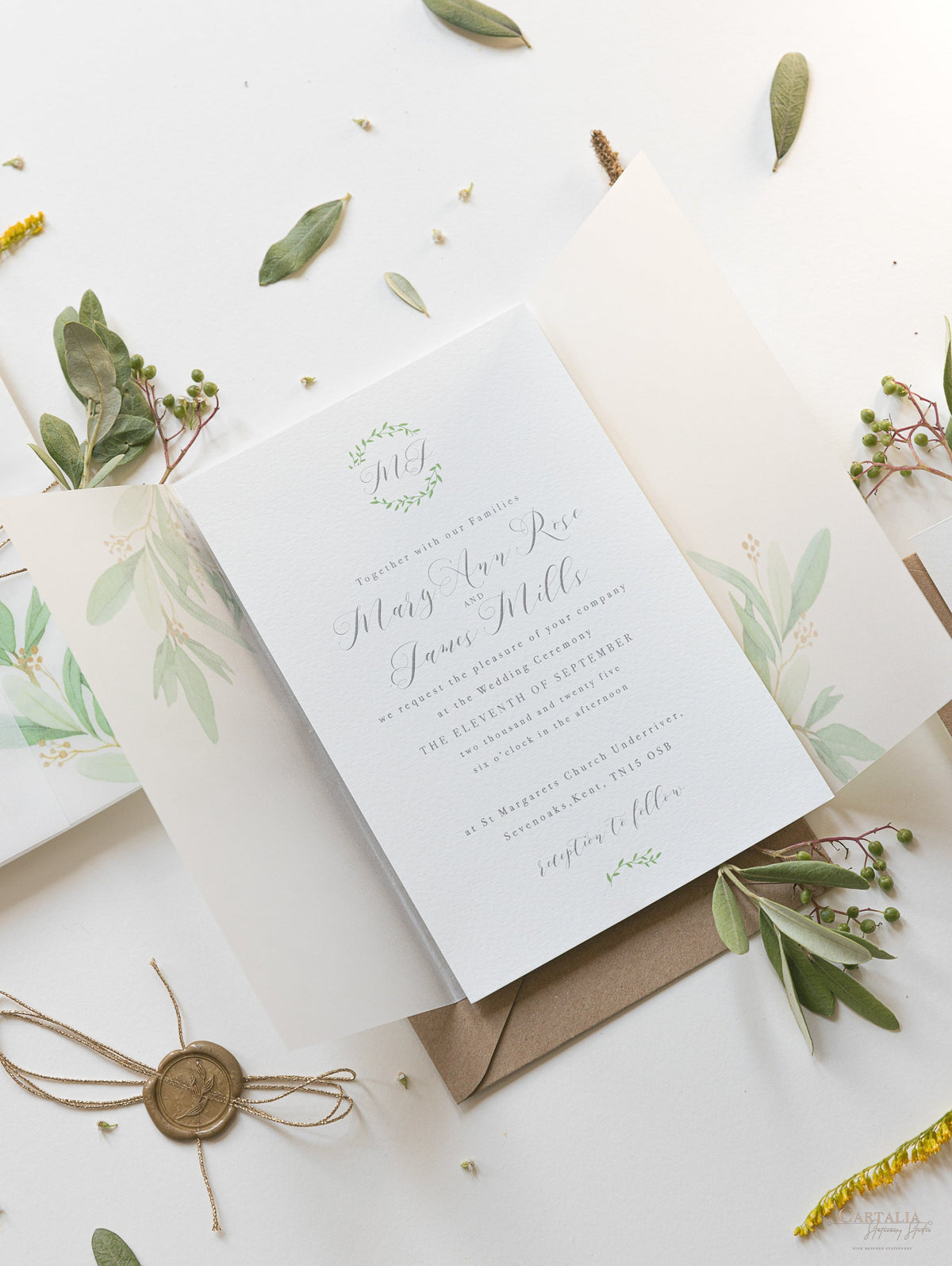 Greenery Vellum Sleeve Pocket fold Invitation with Gold Tie and Kraft Envelopes and add on of Pearl Wax Seal