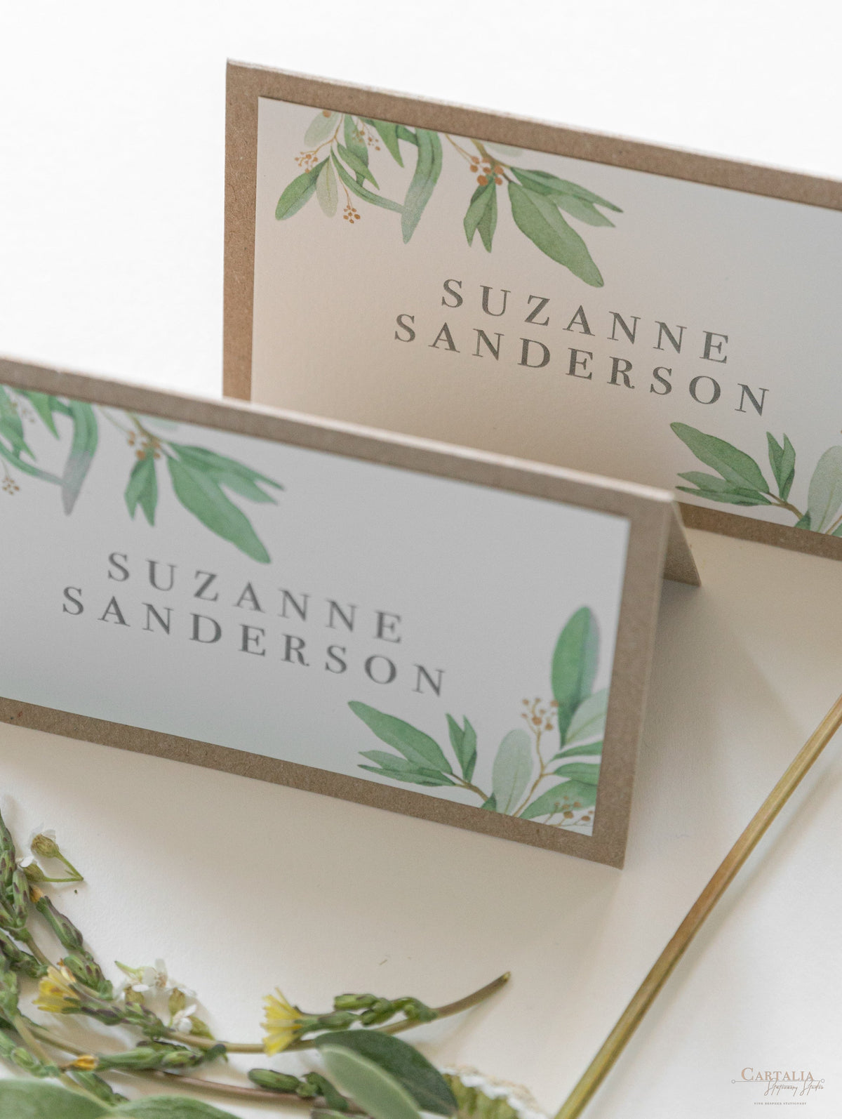 Greenery & Kraft Place Cards in Rustical Theme