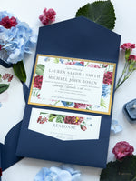 Flower Burst Classic Invitation with Envelope Fold Pocket Suite in Navy Blue