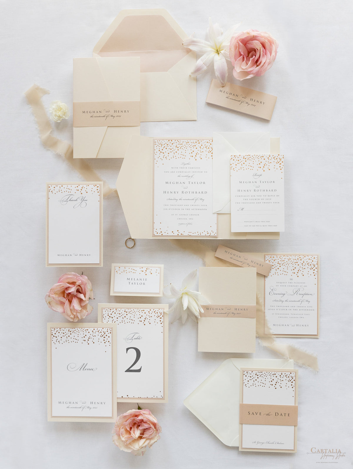 Classic Envelope Fold Invitation with Confetti Pocket Suite in Dusty Pink and Champagne