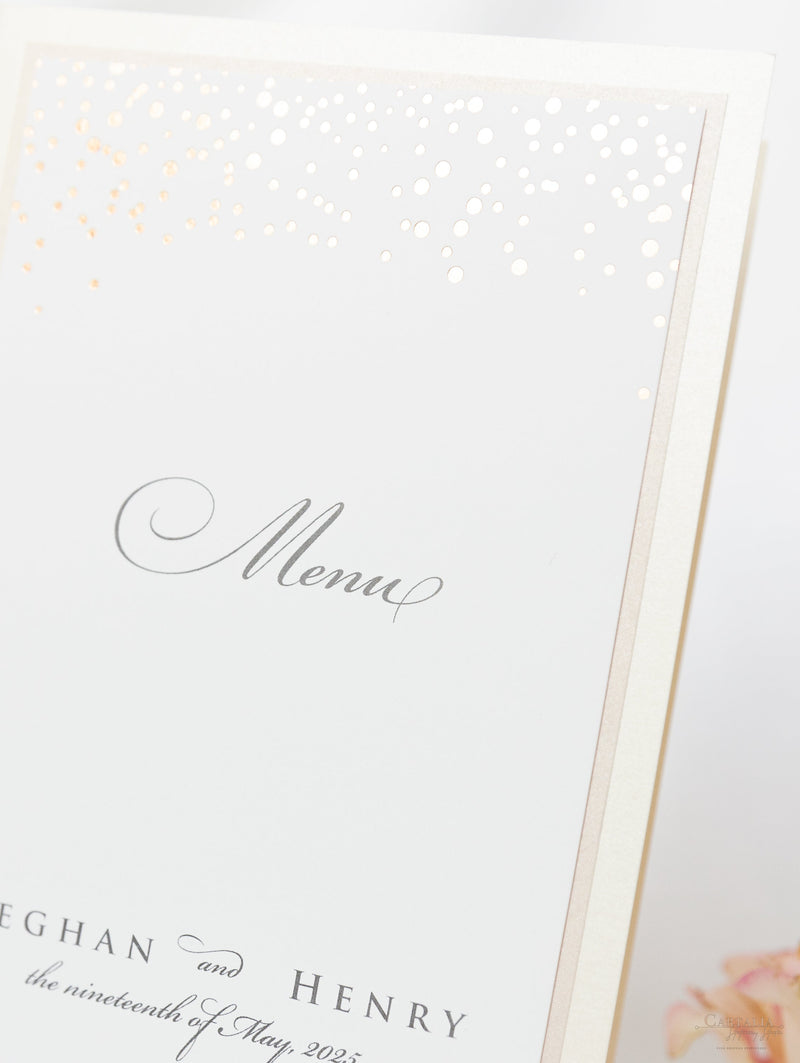 Classic Envelope Fold Confetti Pocket Suite in Dusty Pink and Champagne: Menu