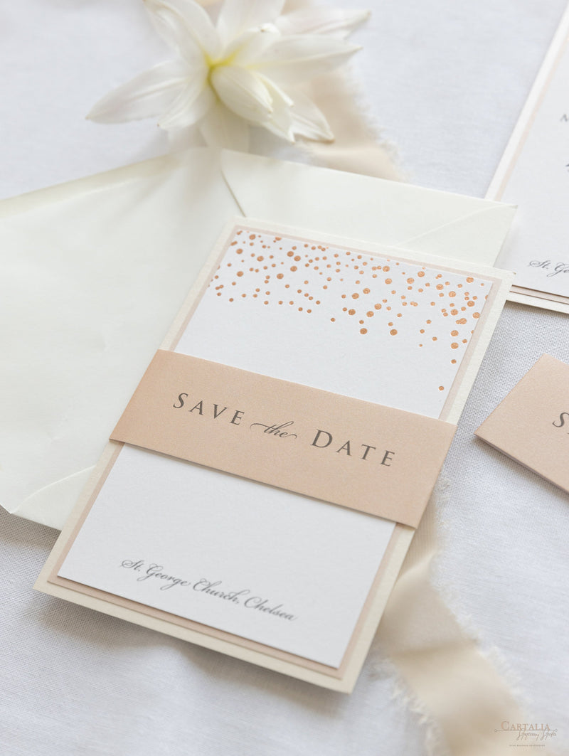 Triple Mounted Thick 670 gsm Blush Save the Date Classic Confetti Rose Gold Foil