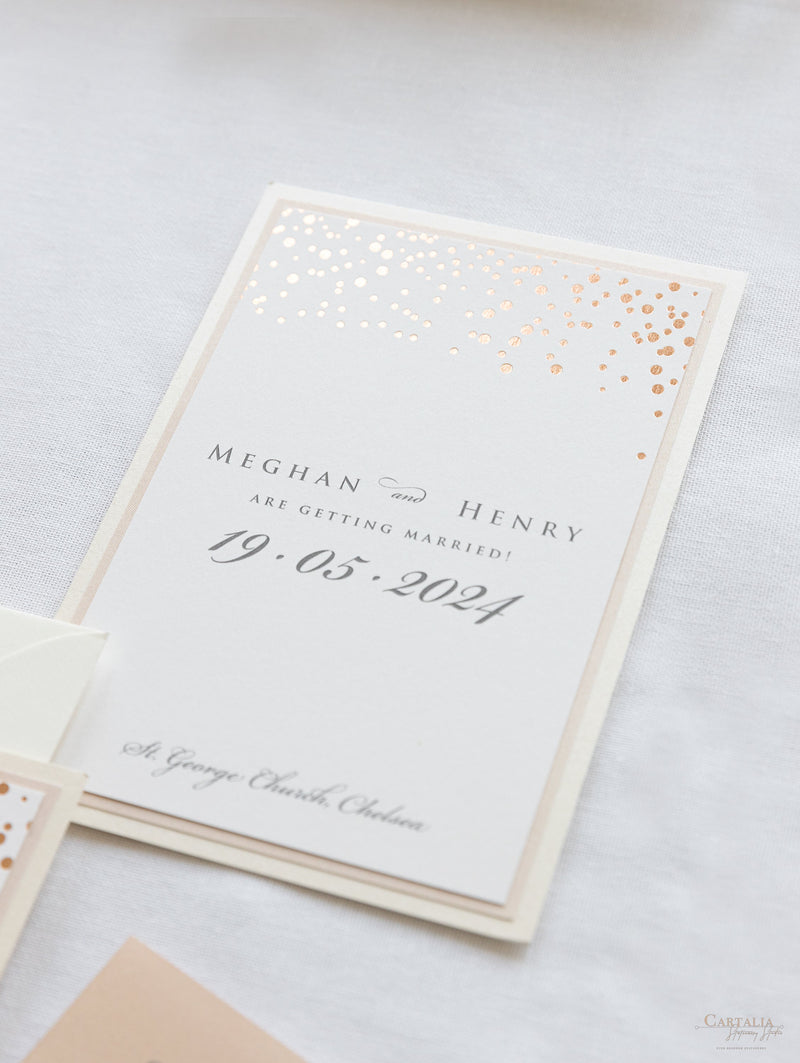 Triple Mounted Thick 670 gsm Blush Save the Date Classic Confetti Rose Gold Foil
