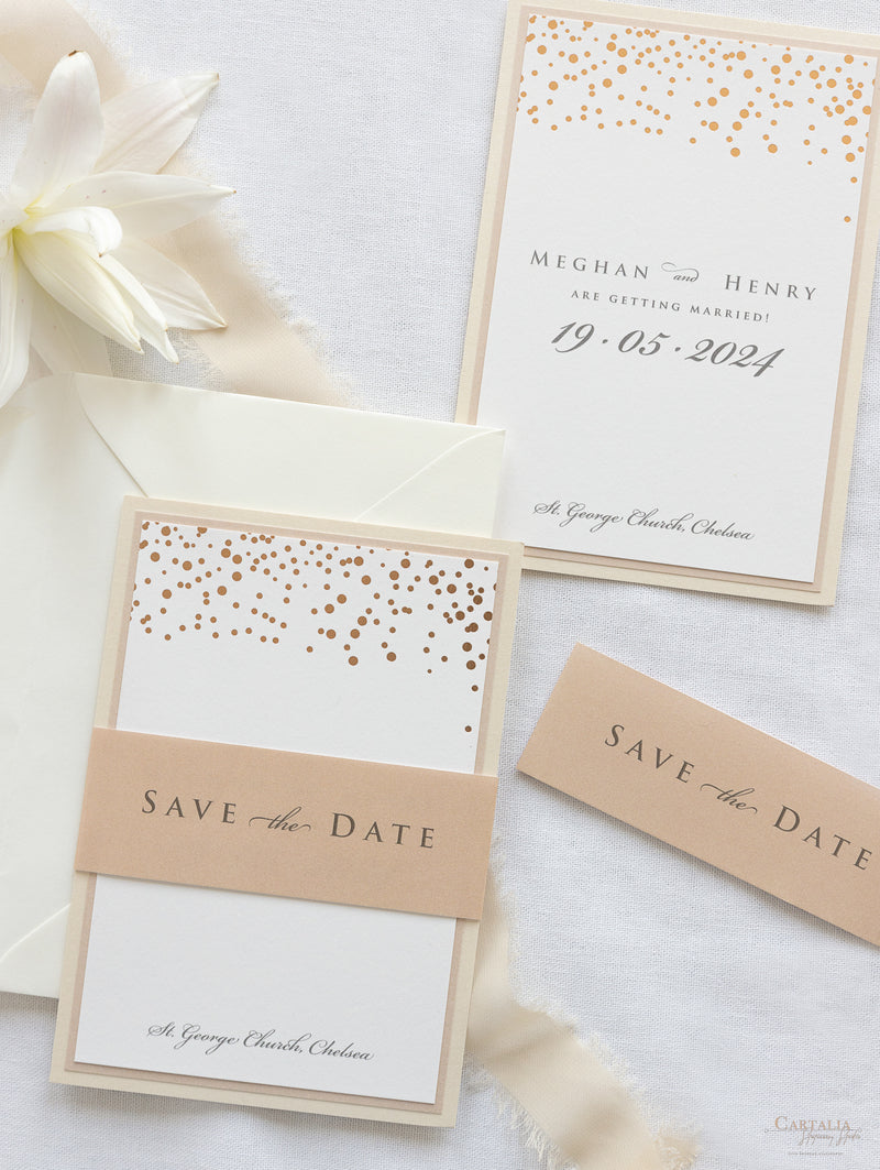 Triple Mounted Thick 670 gsm Blush Save the Date Classic Confetti Rose Gold Foil