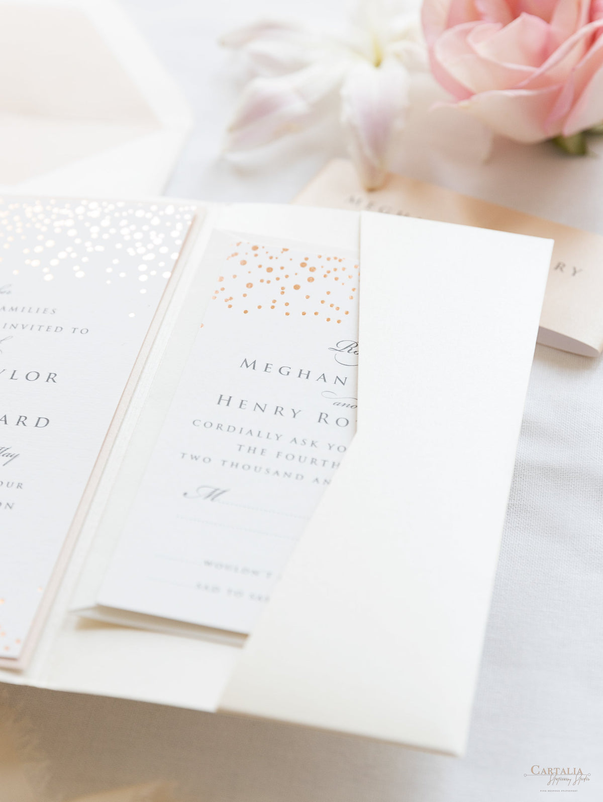 Classic Envelope Fold Invitation with Confetti Pocket Suite in Dusty Pink and Champagne