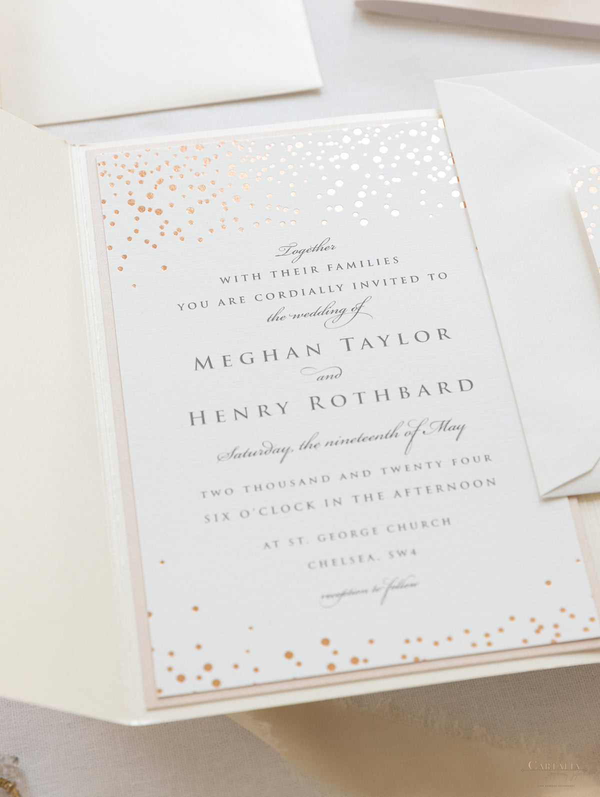 Classic Envelope Fold Invitation with Confetti Pocket Suite in Dusty Pink and Champagne